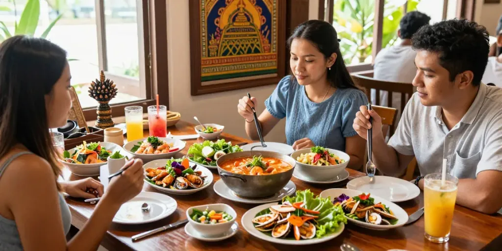 Fresh seafood dishes at Rokok88 Tarachan Huahin Restaurant with diners enjoying authentic Thai cuisine.