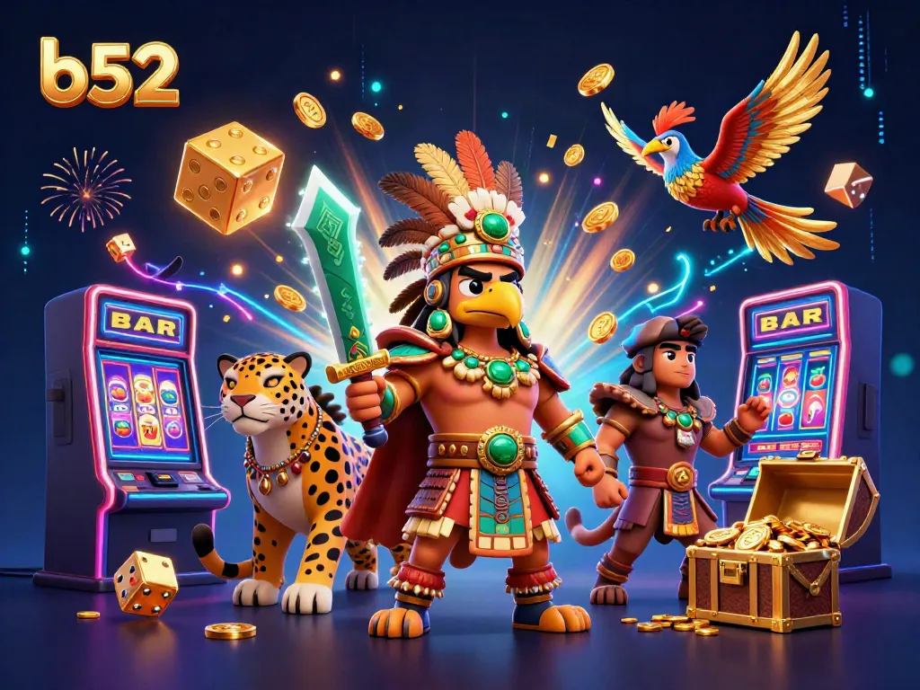 Experience thrilling wins at b52 with a vibrant 3D casino scene filled with warriors and game elements.