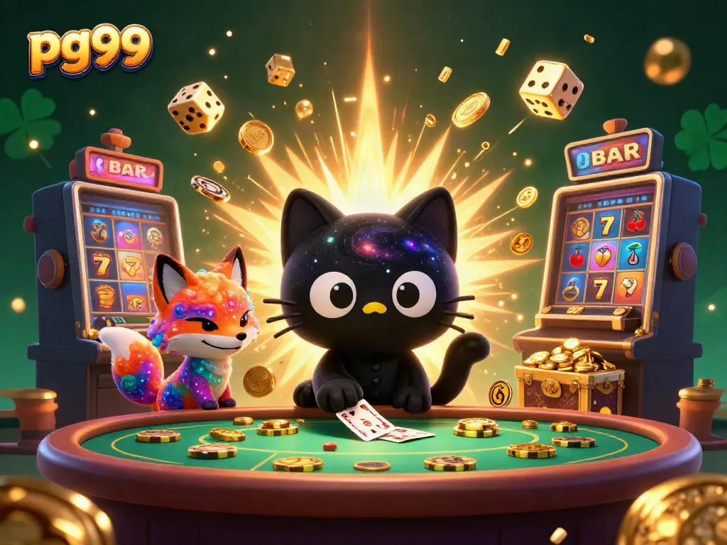 Join the cosmic fun at pg99 with a cartoon black hole cat and a nebula fox in a vibrant casino setting.