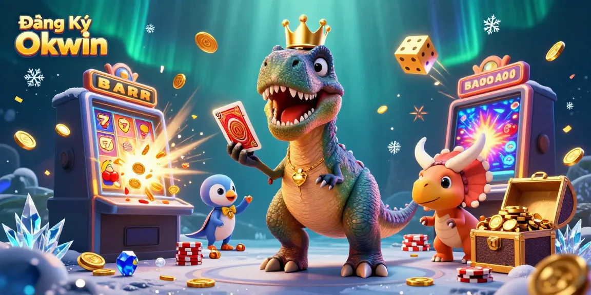 Engaging scene depicting Đăng Ký Okwin with a T-Rex shuffling cards, a pterodactyl assisting, and a baby triceratops stacking chips in a vibrant casino.