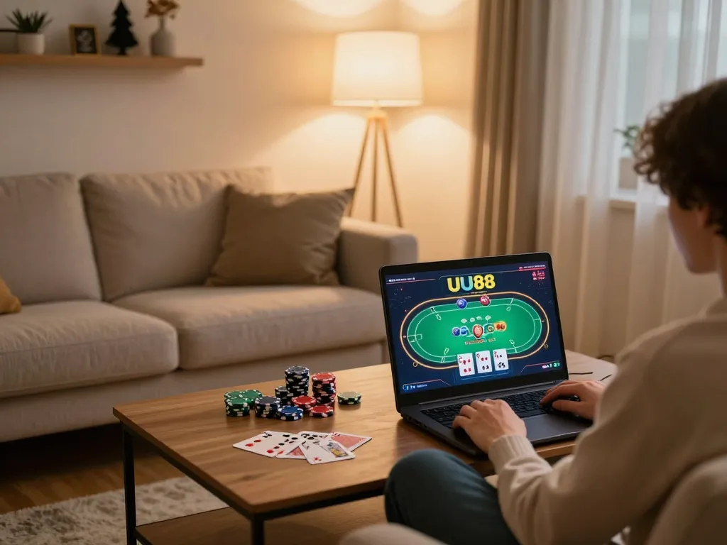 Engaging in online gambling at UU88 with cards and chips visible in a cozy home setting