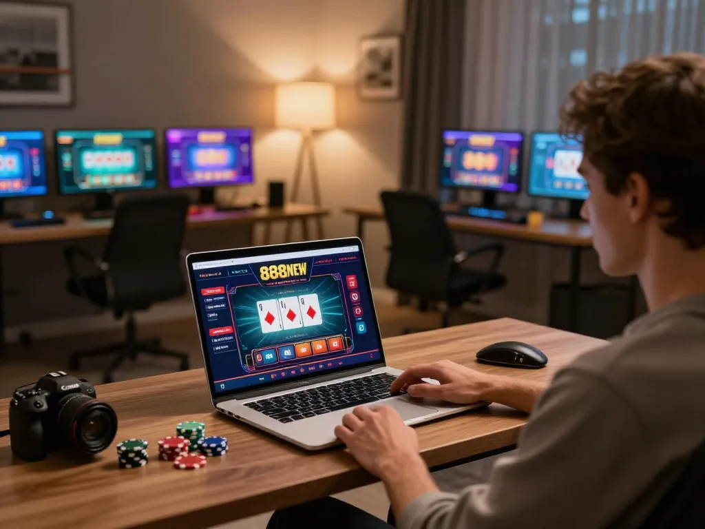 Player engaging with 888NEW casino interface on a laptop, showcasing online gaming strategy in a stylish home setting