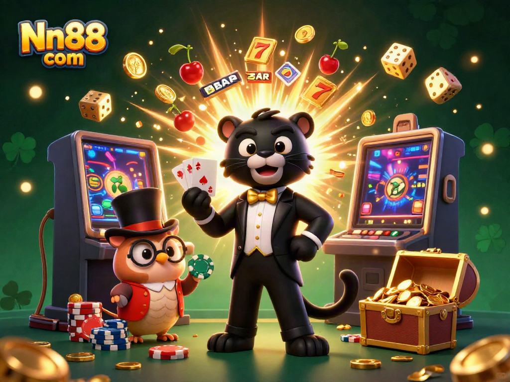 Spin the reels at Nn88 com with a stylish black panther dealer, poker chips, and jackpot treasures!