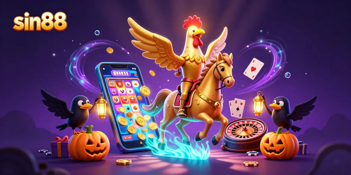 Experience sin88 casino excitement with a golden rooster character amidst gambling glory.