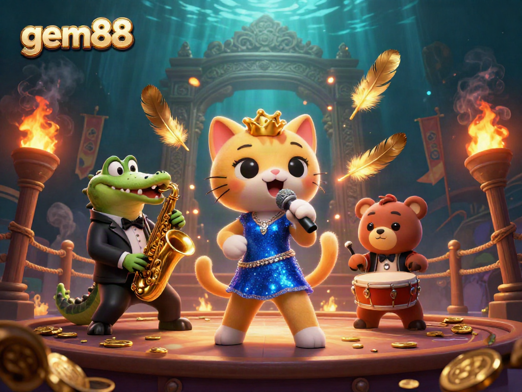 Experience the thrill at gem88 with a vibrant casino performance featuring characters and gold elements.