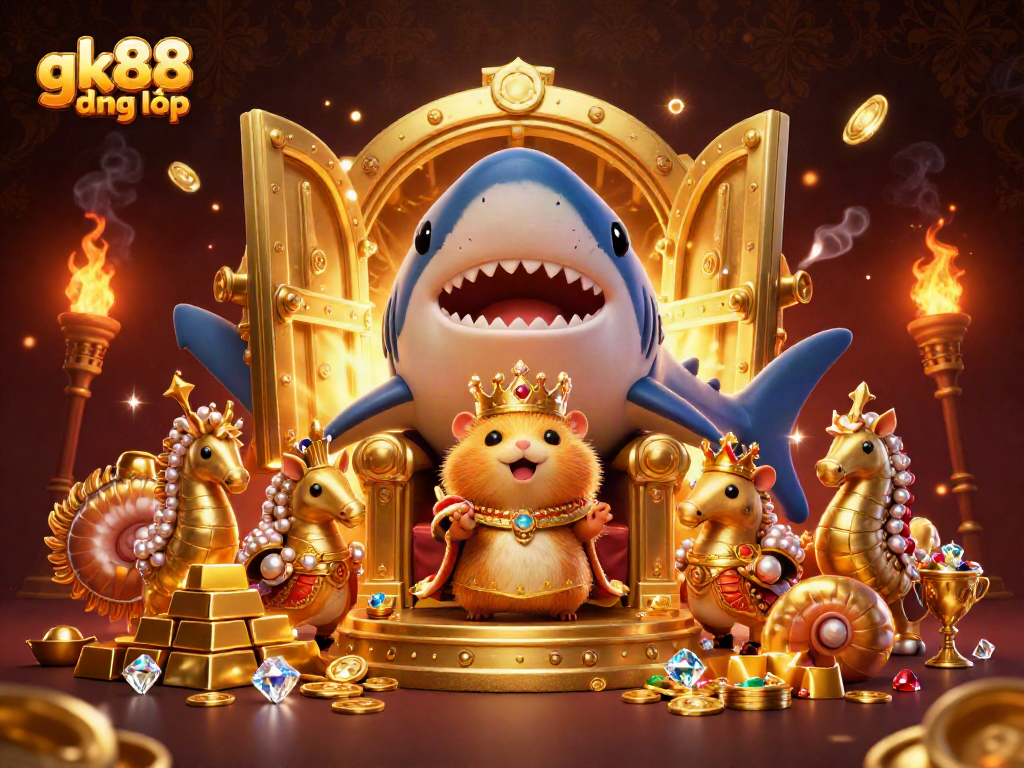 Engage with gk88 đăng nhập through a captivating 3D digital scene featuring a golden hamster king.