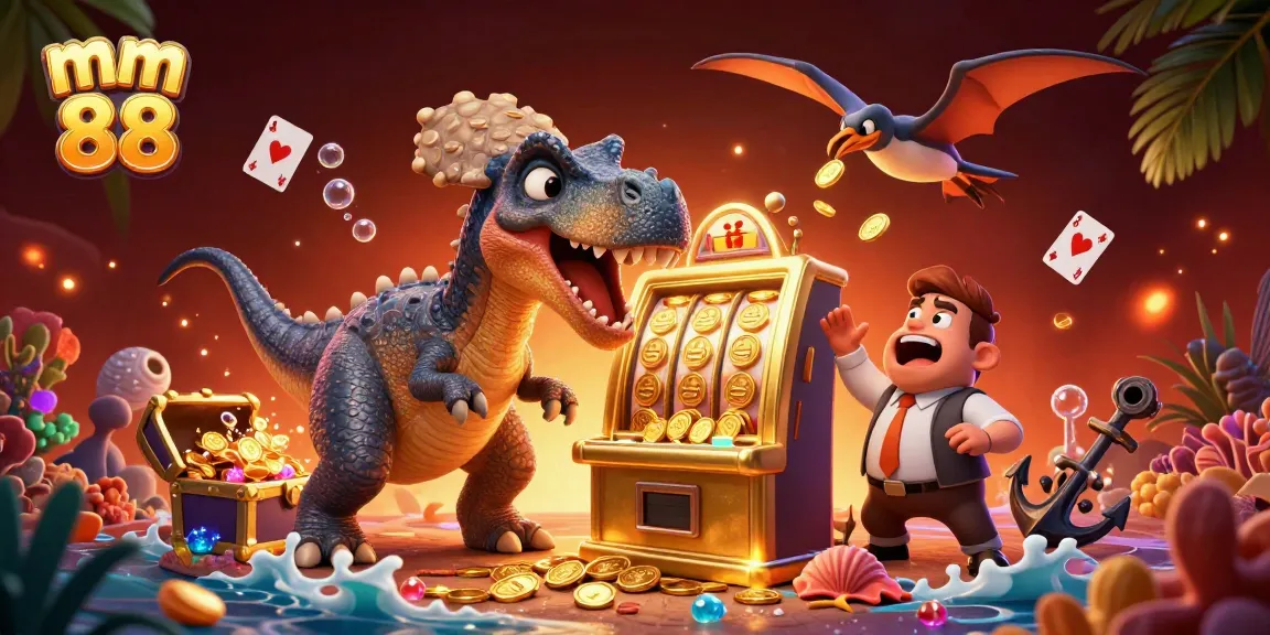 Experience thrilling jackpots with mm 88 as a pachycephalosaurus headbutts a golden slot machine.