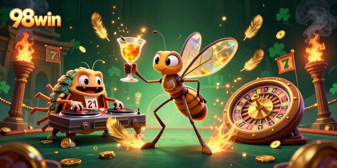 Experience exhilarating fun at 98win with vibrant casino visuals showcasing golden roulette and character action.
