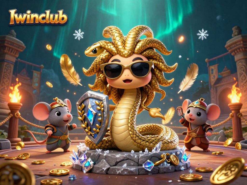 Iwinclub showcases vibrant 3D Medusa and warrior mouse in an engaging casino arena setting.
