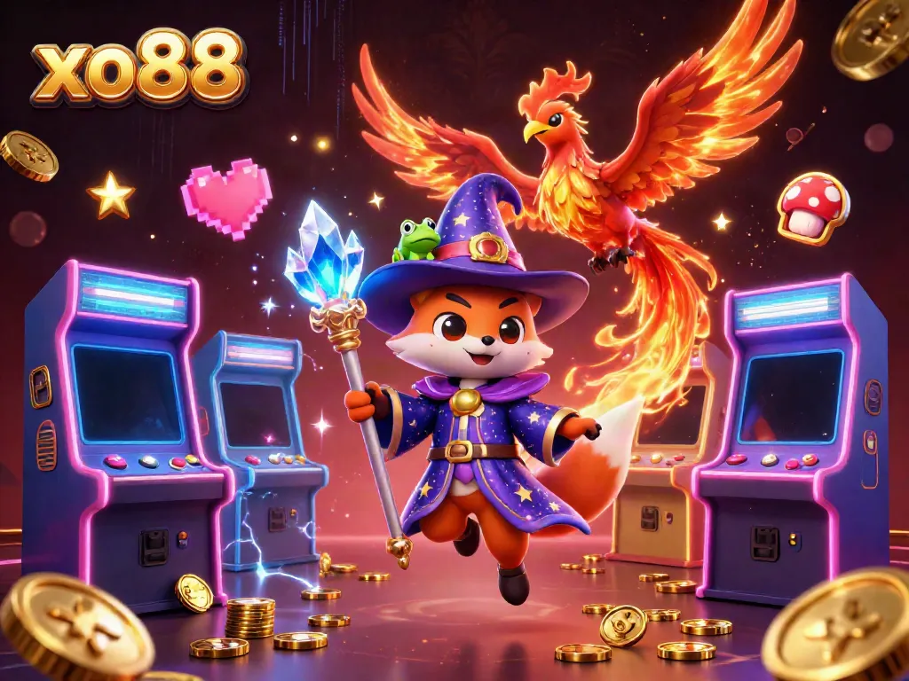 Engage with thrilling spins at xo88, featuring a mystical wizard fox and vibrant game elements.