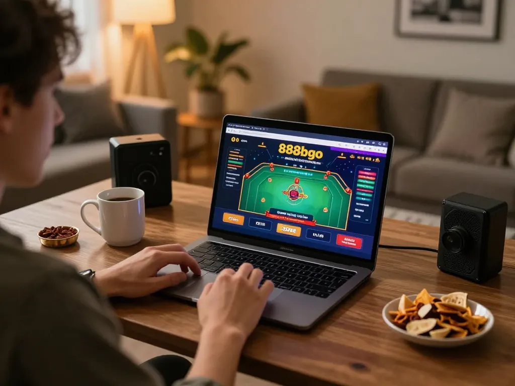Engaging online gaming experience with 888bgo interface, showcasing modern home setup.