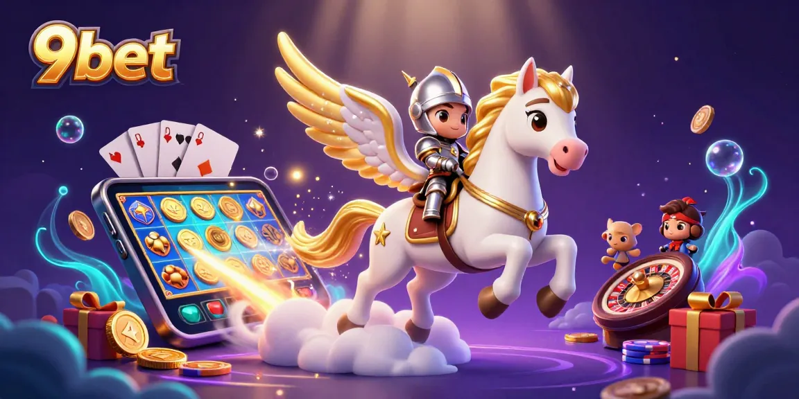 Engage with 9bet's dynamic online gaming experience featuring a vibrant celestial knight scene.
