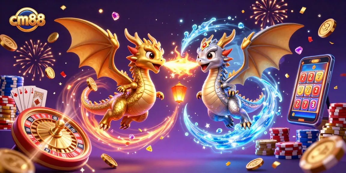 Experience thrilling gameplay at cm88 with gold and silver dragons surrounded by casino elements.