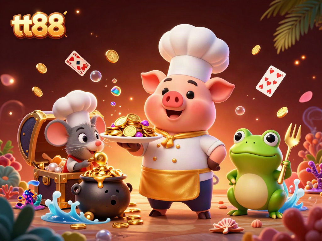Win big with tt88 in this vibrant 3D illustration celebrating gourmet gaming.