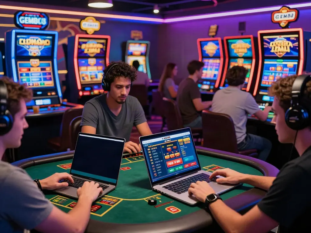 Players enjoying the vibrant online gaming experience at gem88 with dynamic visuals of sports betting and live casino.