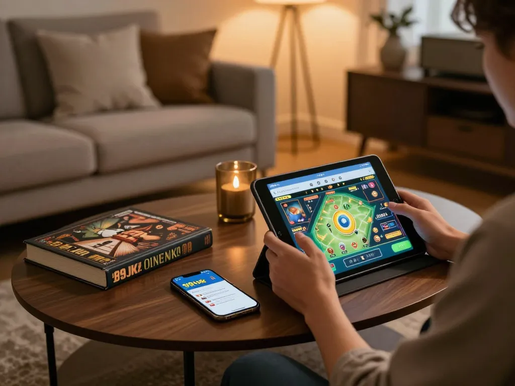 Engaged player strategizing with the 99ok app in a cozy home setting.