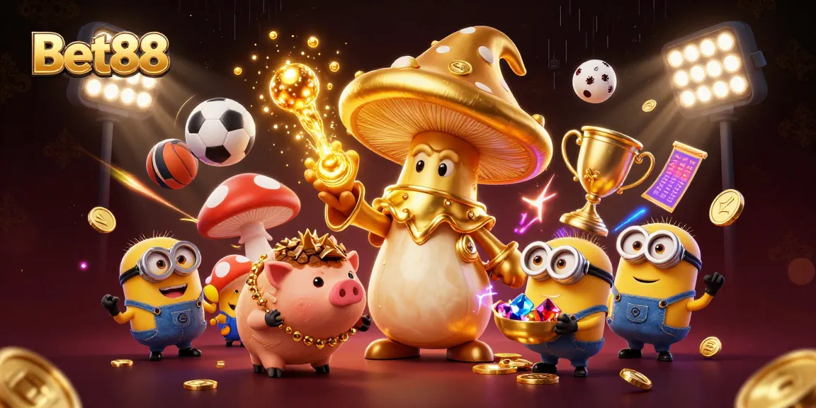 Bet88 illustrates a dynamic gaming scene with a golden wizard and treasure-hunting pig in a casino theme.