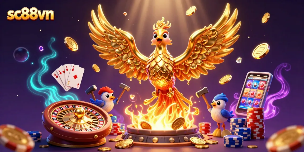 Engage with sc88vn's thrilling casino adventure featuring a golden phoenix soaring with winning rewards.