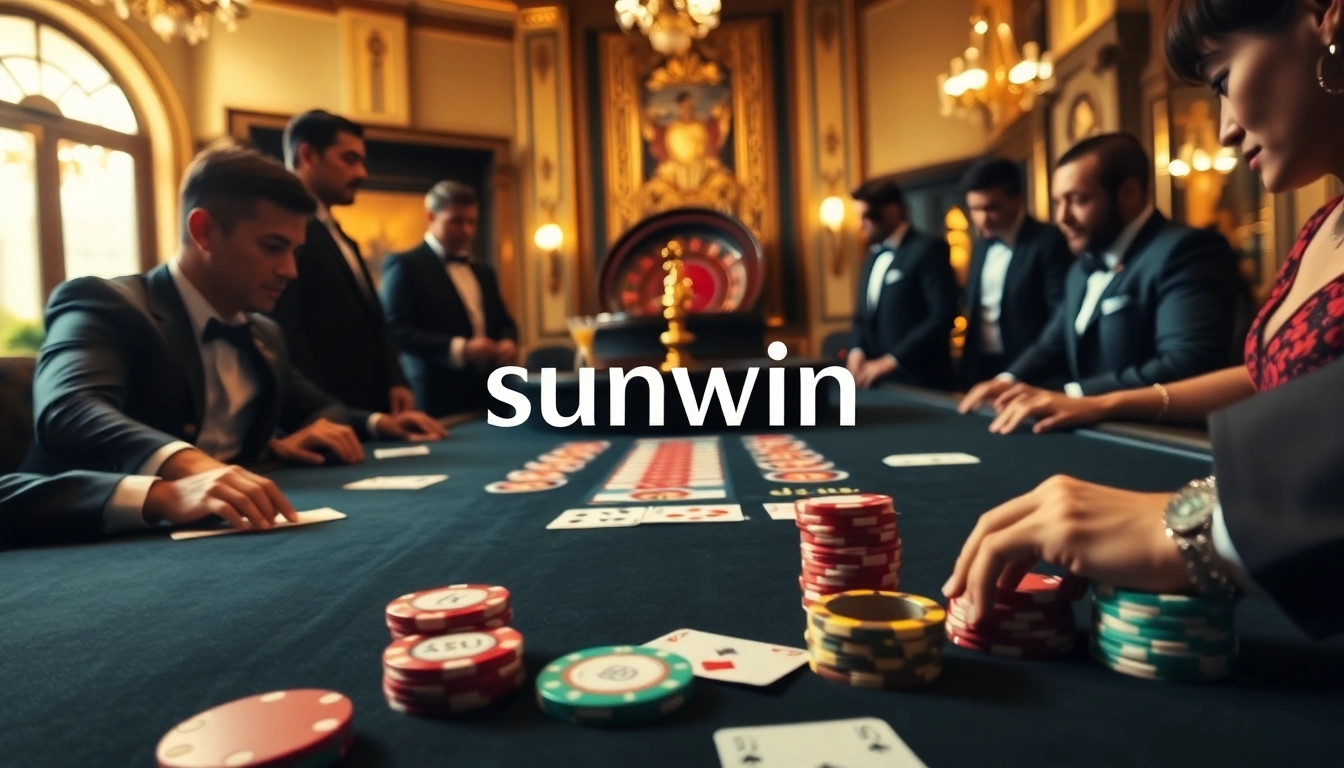 Players engaging in strategy at a luxurious sunwin poker table with colorful chips.