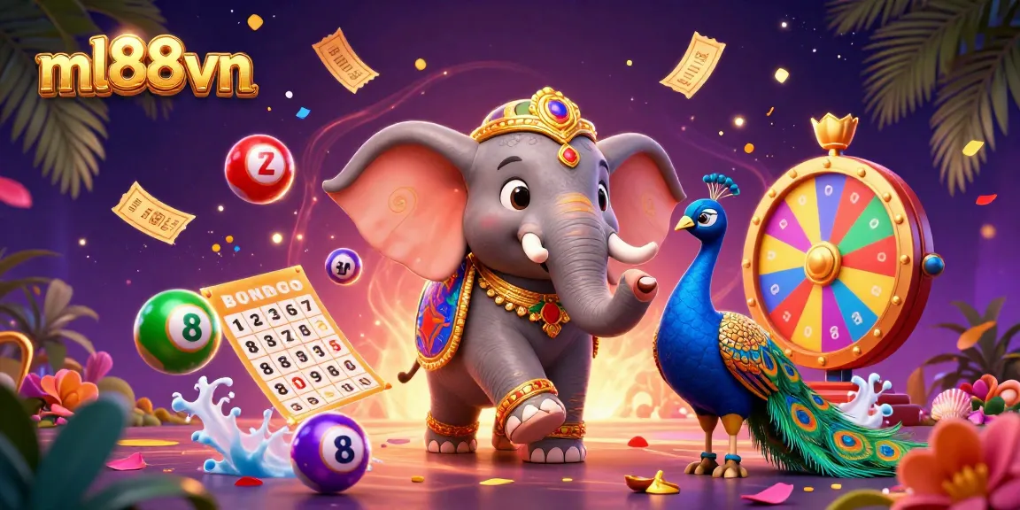 Engage in vibrant lottery excitement with ml88vn's enchanting scene featuring lively characters and colorful gambling elements.