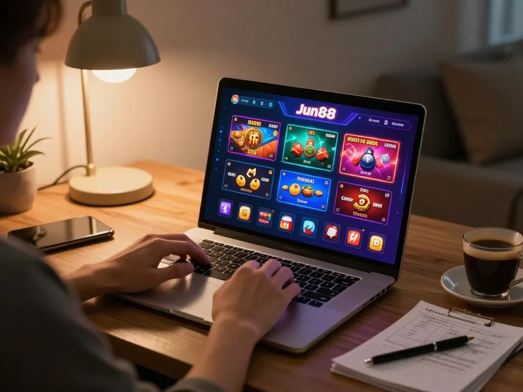 Person strategizing while gaming on Jun88 online casino platform at home.