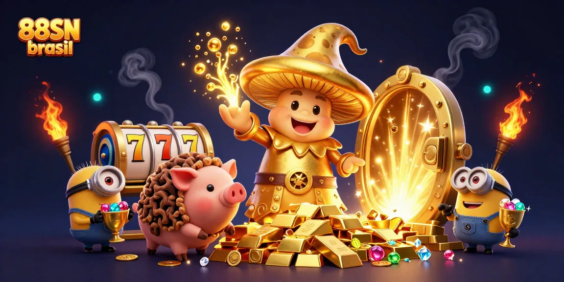 An illustration showcasing the vibrant world of 88SN brasil, featuring a golden mushroom wizard and truffle pig among slot games and treasures.
