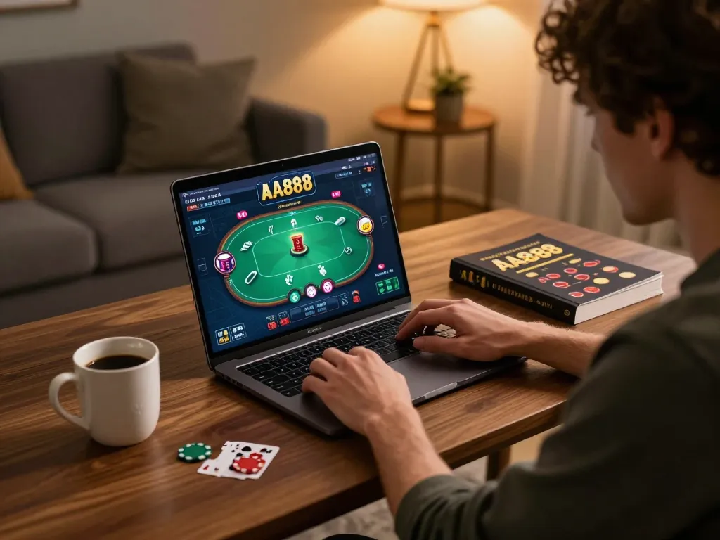 Engaging player immersed in online gameplay at AA888, focusing on strategic poker action.