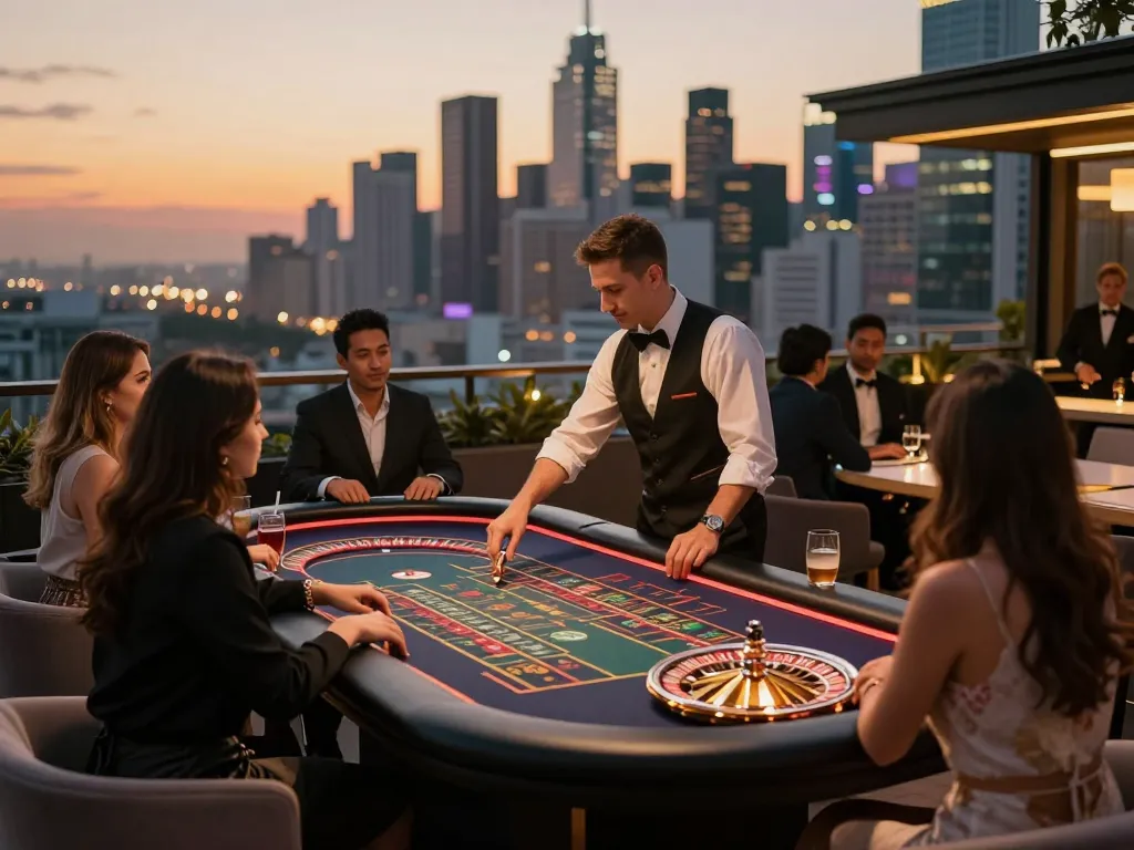 rokok88 players betting on roulette at a luxurious rooftop casino terrace.