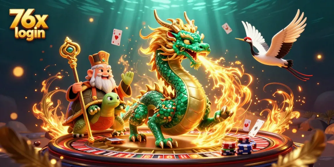 Engage in exciting gameplay with 76x login featuring a vibrant 3D casino scene with dragon and turtle.