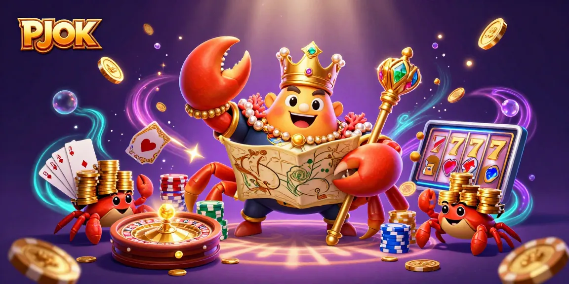 PJOK offers a dazzling gaming experience with thrilling elements like cascading coins, spinning roulette wheels, and colorful poker chips.