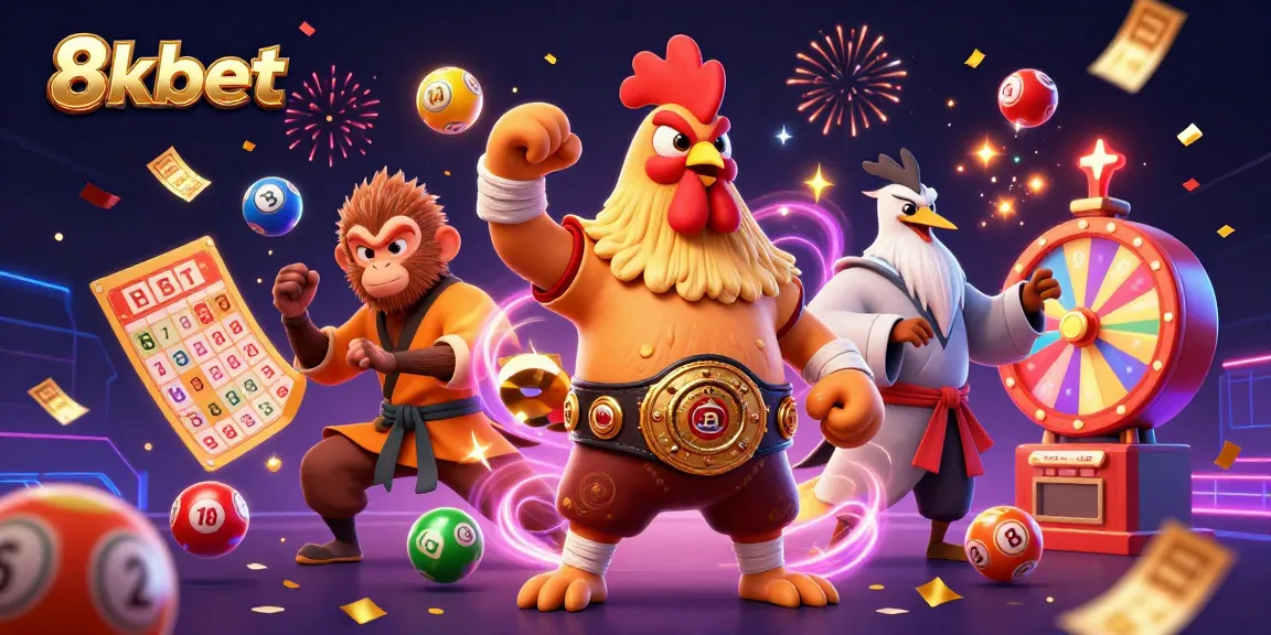 Witness the exciting world of 8xbet where a Muay Thai rooster battles alongside a Shaolin monkey in a vibrant casino.