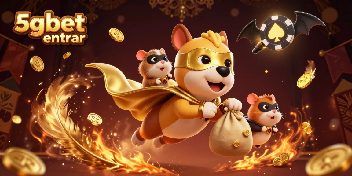 Experience 5gbet entrar with a dynamic superhero dog and hamster in a vibrant casino scene filled with gold coins and excitement.