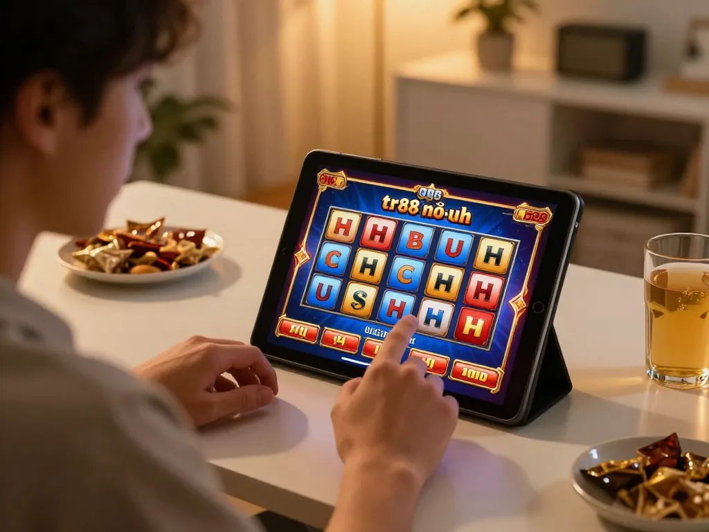 Engaged player spinning tr88 nổ hũ slots on a tablet in a cozy home setup
