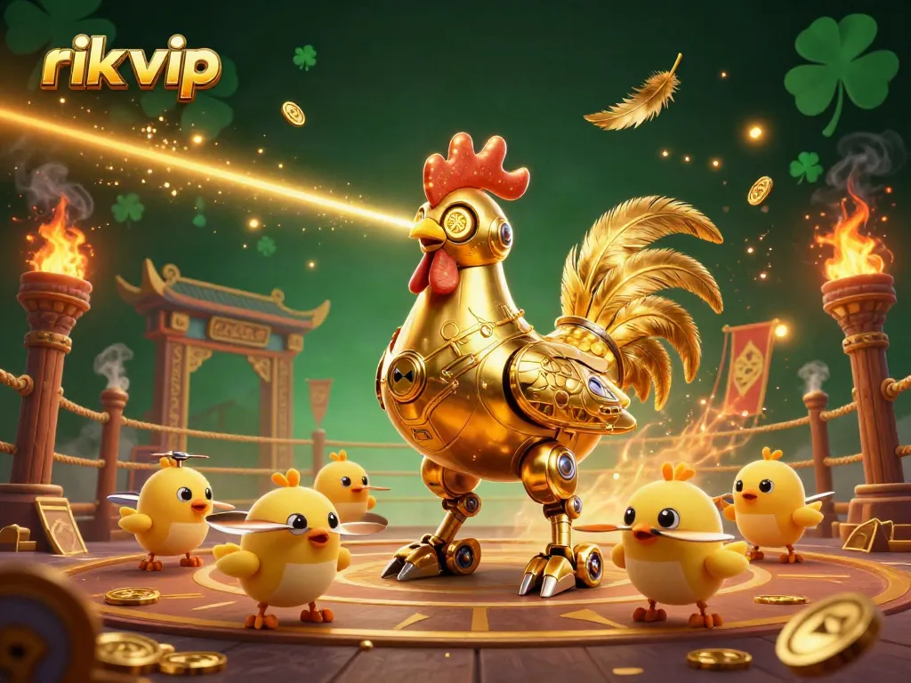 Engage with rik vip's thrilling games through a vibrant 3D illustration showcasing a golden rooster robot and chick drones in action.