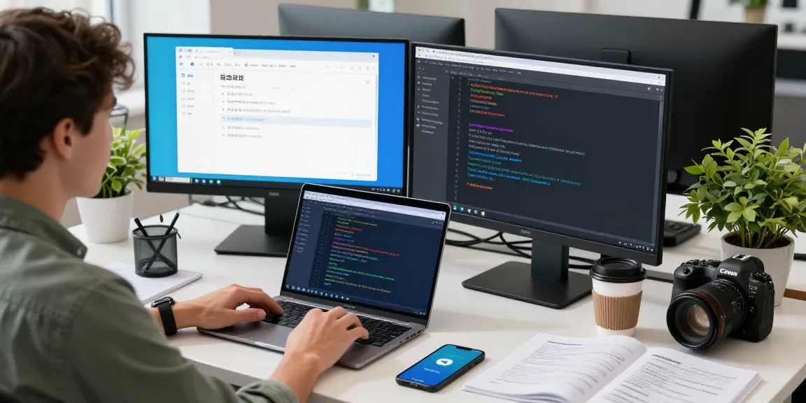 Adjusting Telegram Chinese settings on a developer's workspace with dual monitors.