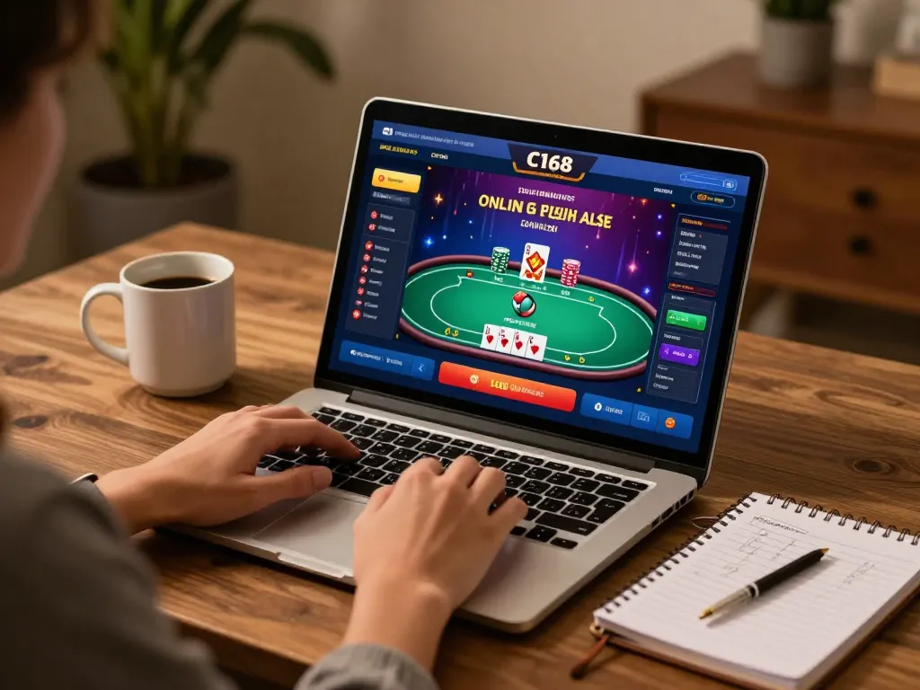 C168 online casino gaming session featuring a player on laptop with vibrant game interface.