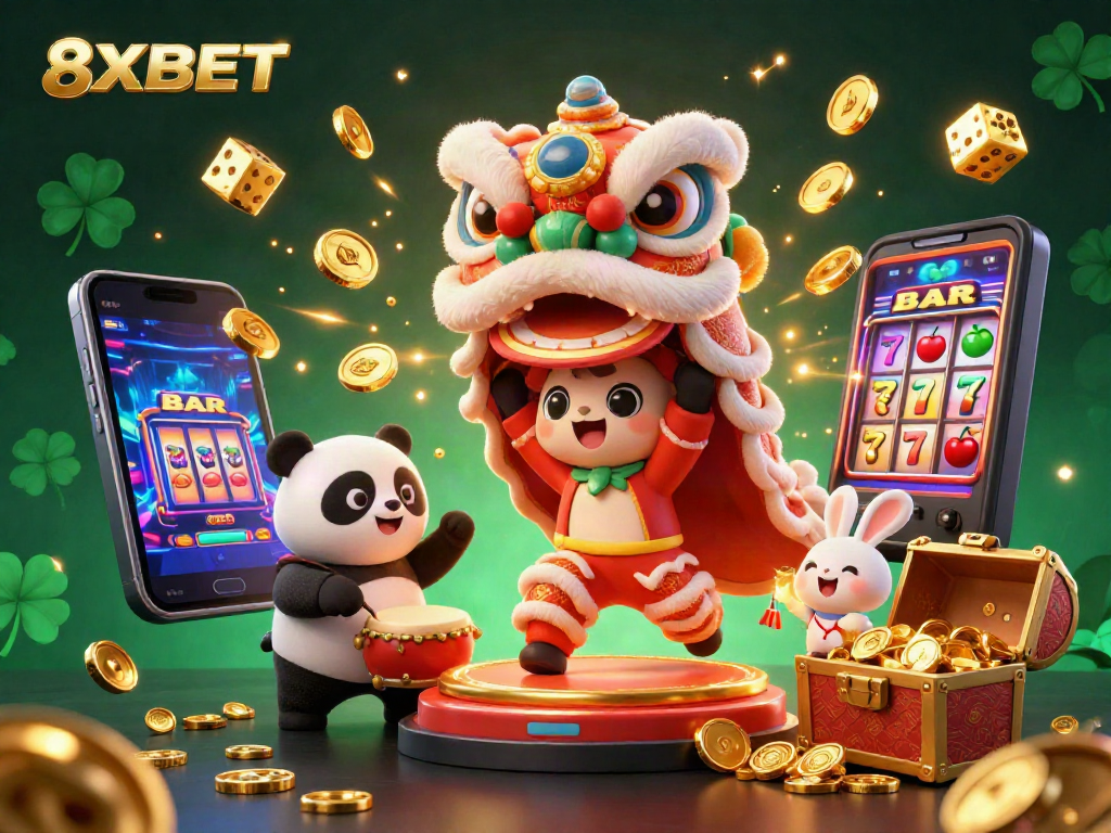 Experience excitement with 8XBET's vibrant casino scene filled with colorful characters and jackpot wins.