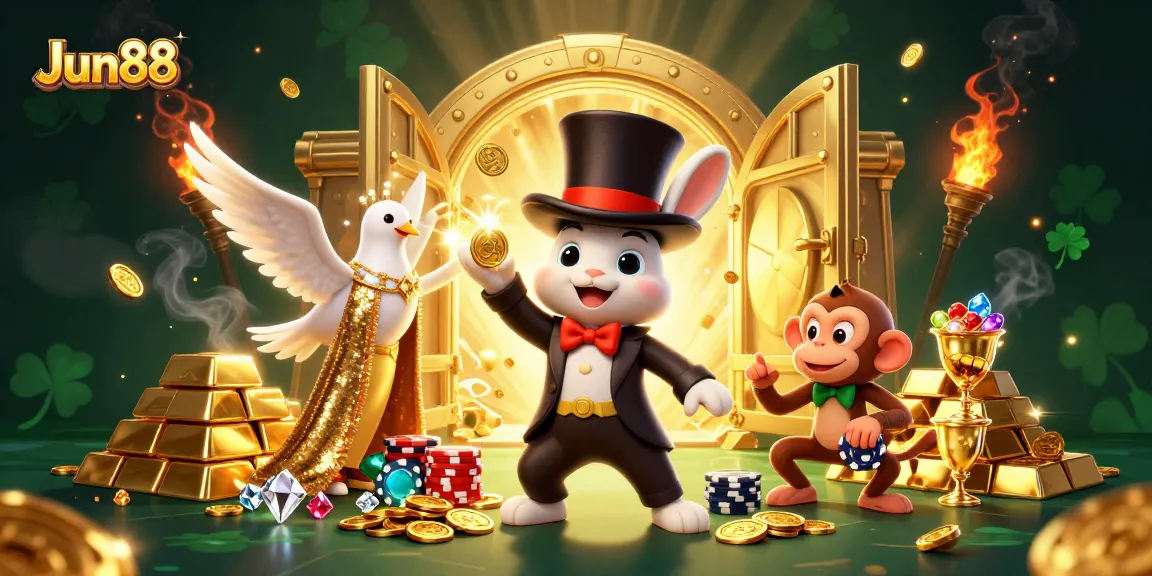 Experience thrilling wins at Jun88 with a magician rabbit conjuring gold coins amidst dazzling casino glamour.