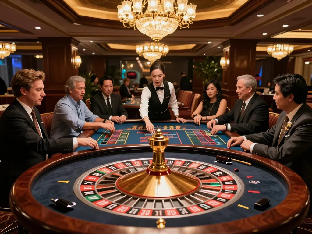 Players engage in exciting roulette gameplay at lc88pro's luxurious casino, showcasing a vibrant atmosphere.