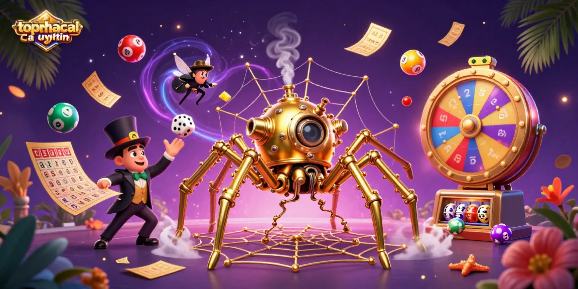 topnhacaiuytin showcases a golden spider and Victorian fly in a vibrant 3D casino scene.