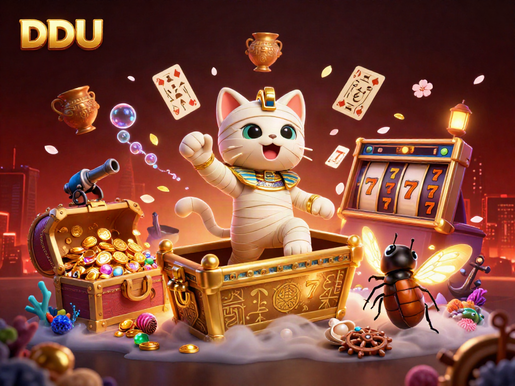Engage in DDUU’s thrilling jackpot adventures with a cartoon mummy cat in a vibrant casino scene.
