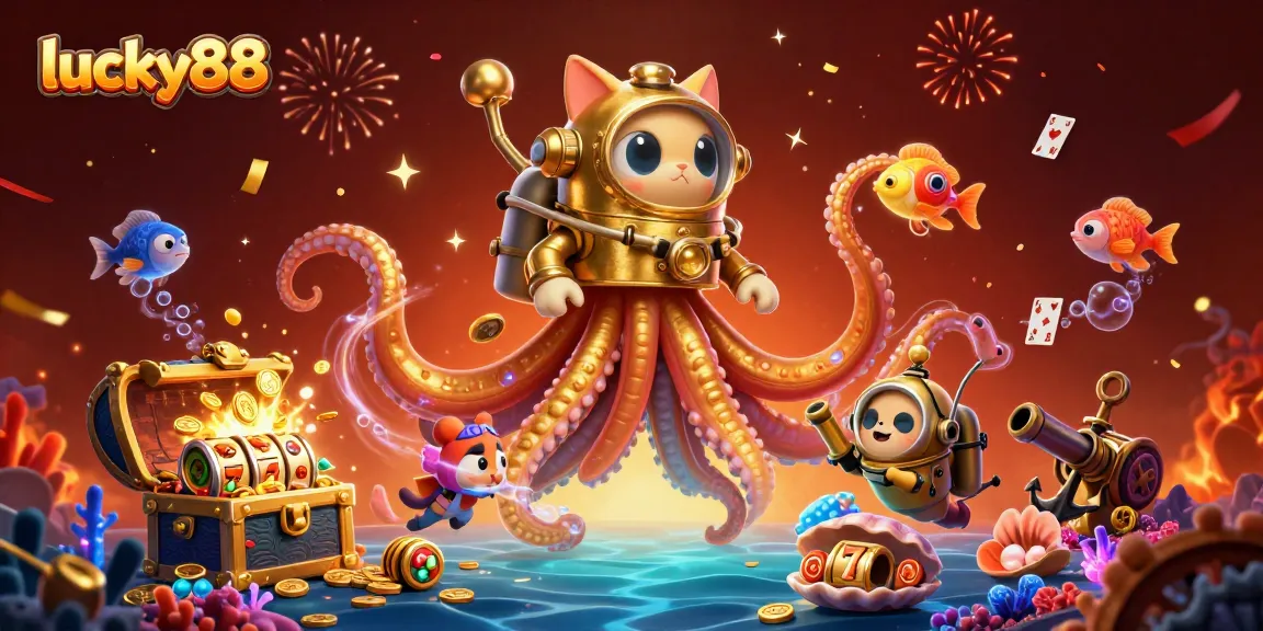 Experience lucky88 with this vibrant slot scene featuring a kraken, diving cat, and explosive treasures.