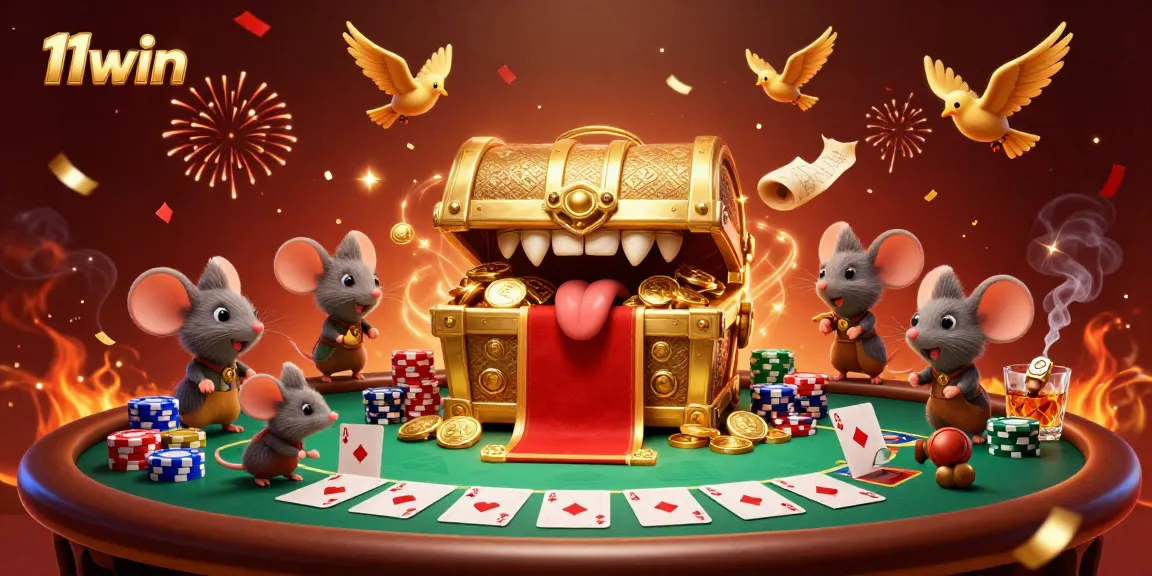Play and win big at 11win with vibrant 3D casino imagery of poker and celebration