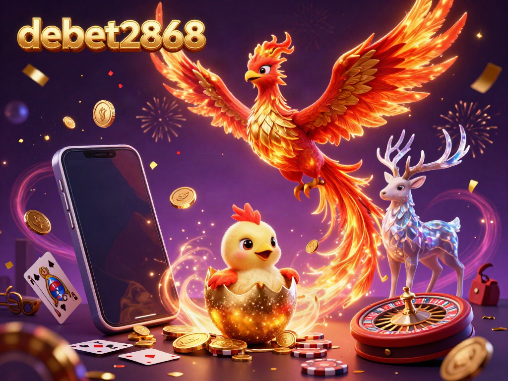 Experience the excitement of debet2868 with soaring phoenixes and dynamic gambling elements in a vibrant 3D scene.