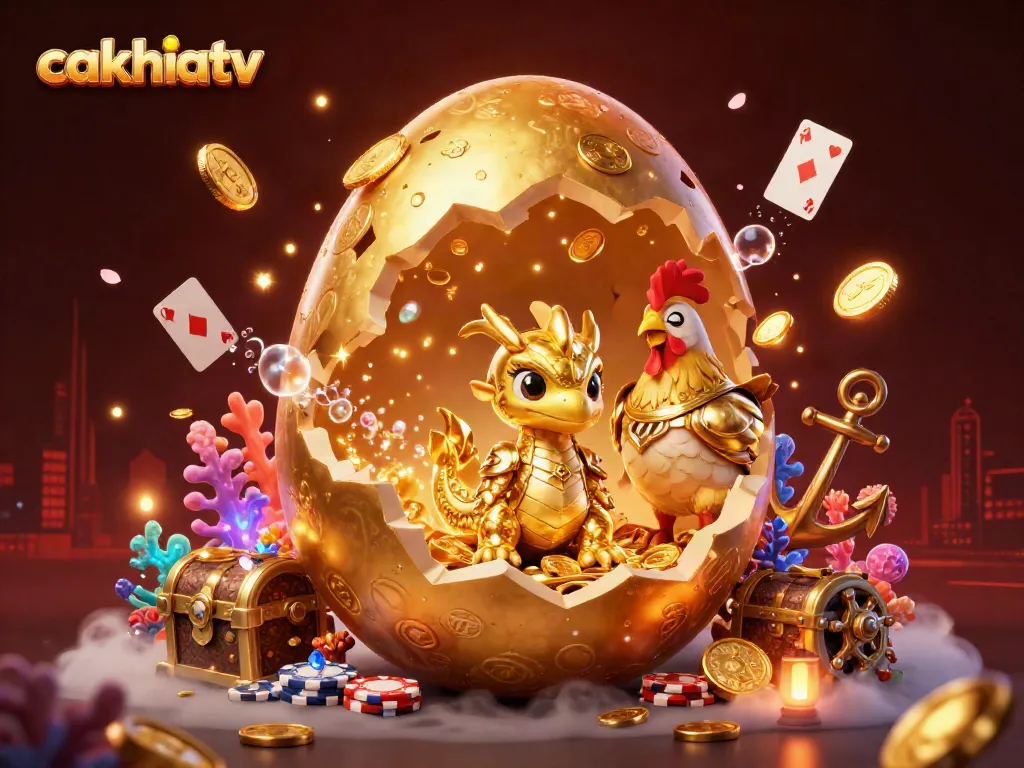 CakhiaTV brings live football streaming with vibrant visuals of golden dragon amidst poker chips and treasures.