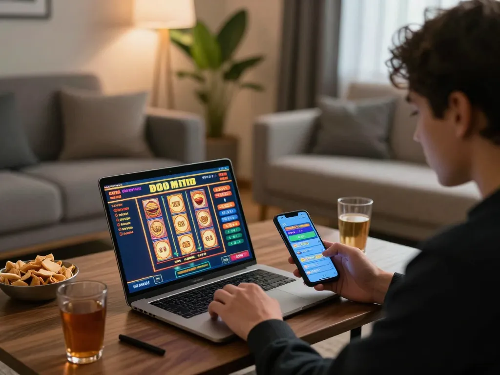 Engaged players enjoying U888 casino games on laptops and smartphones in a cozy home setting