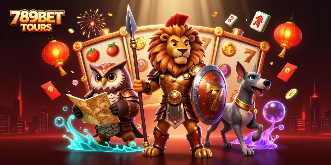 Experience the thrill of gaming with 789BET TOURS featuring a Spartan lion and vibrant casino elements.
