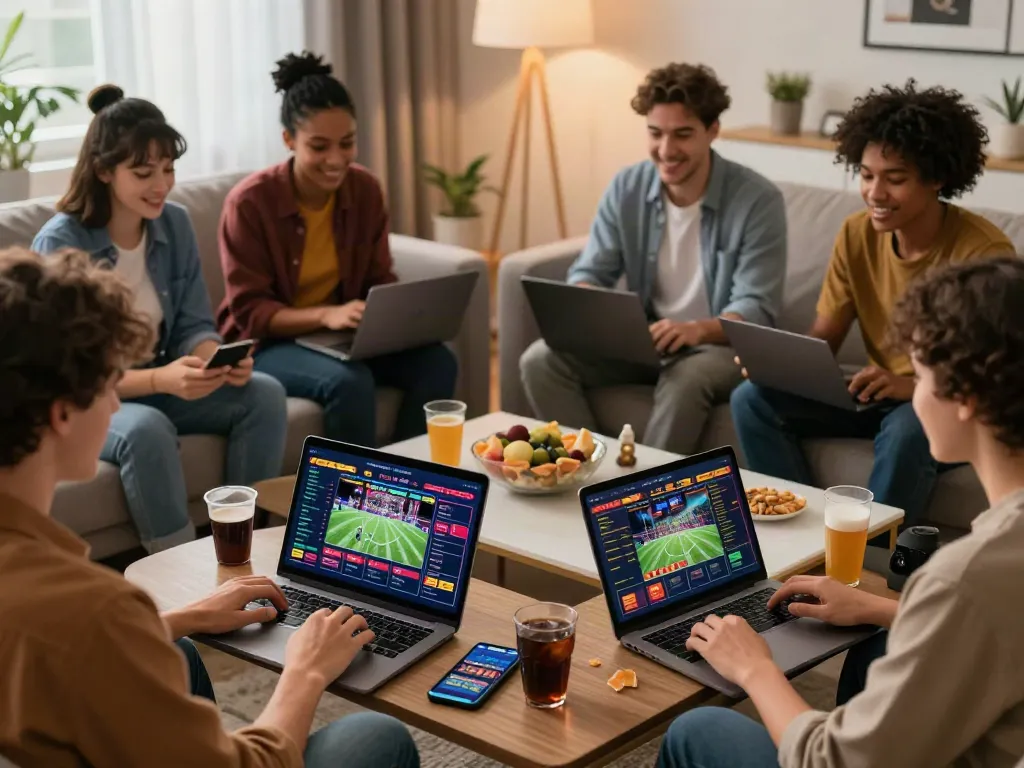Engaged players enjoying online betting at https://uk88win.org/ in a lively living room setting.