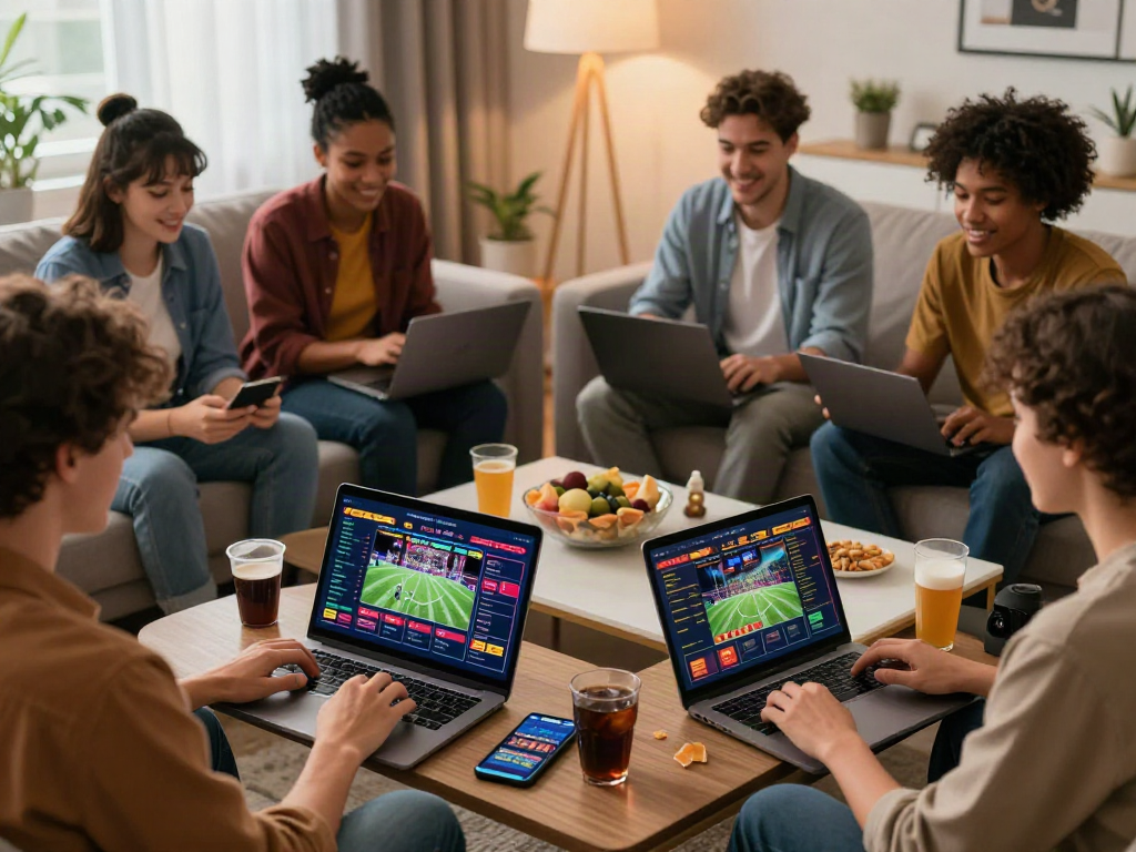 Engaged players enjoying online betting at https://uk88win.org/ in a lively living room setting.