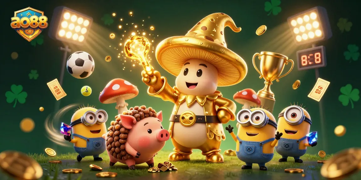 Experience the thrill of winning with ao88 in this vibrant 3D casino scene filled with treasure and sports elements.